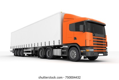 Logistics Concept. Cargo Truck Transporting Goods Moving From Left To Right Isolated On White Background. Front Side View. 3D Illustration