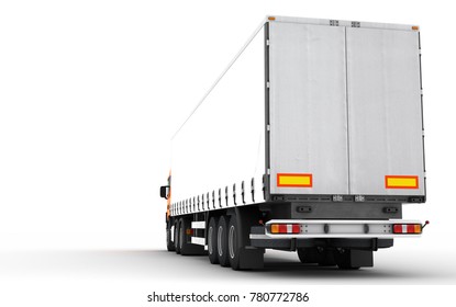 Logistics Concept. Cargo Truck Transporting Goods Moving From Right To Left Isolated On White Background. Rear Perspective View. 3D Illustration