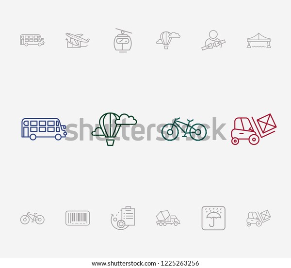 Logistics icon set and cable car with forklift,
bike and double decker bus. Airship related logistics icon  for web
UI logo
design.