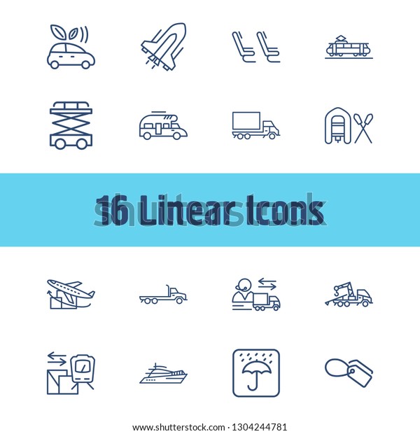 Logistics icon set and flatbed truck with rubber\
boat, keep dry sign and passenger seats. Umbrella related logistics\
icon  for web UI logo\
design.