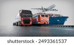 Logistics import export of containers cargo freight ship, truck transport container on highway at port cargo shipping dock yard , plane, transportation industry concept 3d render and illustration