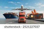 Logistics import export of containers cargo freight ship, truck transport container on highway at port cargo shipping dock yard , plane, transportation industry concept 3d render and illustration