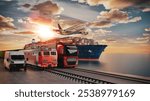 Logistics import export of containers cargo freight ship, truck transport container on highway at port cargo shipping dock yard , plane, transportation industry concept 3d render and illustration