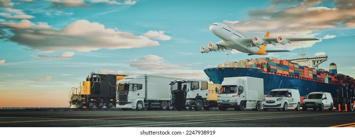 Logistics import export of containers cargo freight ship, truck transport container on highway at port cargo shipping dock yard , plane, transportation industry concept 3d render and illustration
