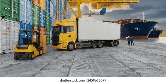 Logistics import export of containers cargo freight ship, truck transport container on highway at port cargo shipping dock yard , plane, transportation industry concept 3d render and illustration