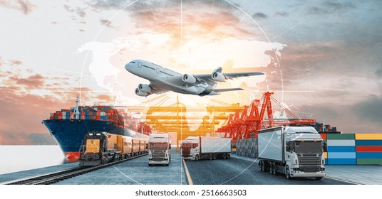 Logistics import export of containers cargo freight ship, truck transport container on highway at port cargo shipping dock yard , plane, transportation industry concept 3d render and illustration