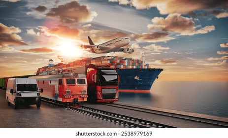 Logistics import export of containers cargo freight ship, truck transport container on highway at port cargo shipping dock yard , plane, transportation industry concept 3d render and illustration