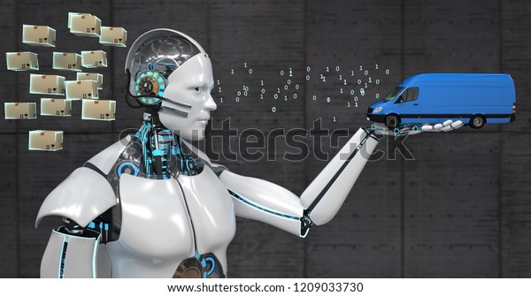 Logistics management with humanoid robot,\
delivery van and parcels. 3d\
illustration.