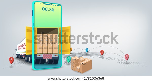 Logistics Online delivery service, online
order tracking,Delivery home and office. City logistics. Warehouse,
truck, forklift, courier. 3d
illustration.