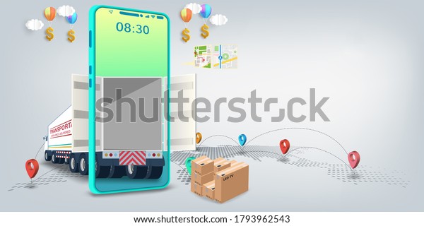 Logistics Online delivery service, online\
order tracking,Delivery home and office. City logistics. Warehouse,\
truck, forklift, courier. 3d\
illustration.