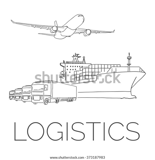 Logistics sign with plane, trucks and\
container ship\
illustration