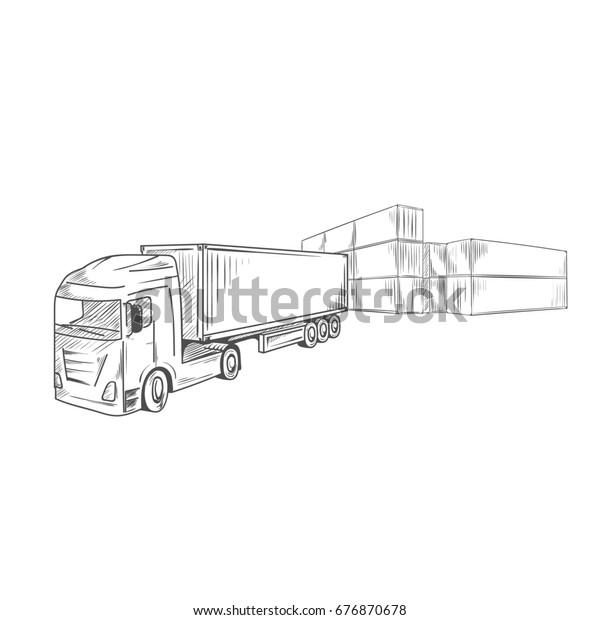Logistics sketchy sign with container truck.\
Hand drawn\
illustration