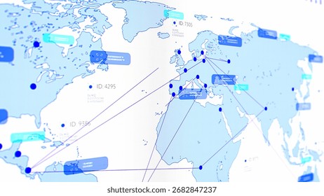 Logistics Software with World Map on a White Background with Points and Connections. System Optimizing Global Supply Chain Efficiency. Internet App Visualizing Routes, Tracking Shipments