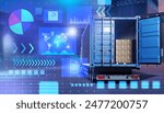 Logistics technologies. Truck with boxes in back. Logistics transport. Truck for transporting packages. Futuristic logistics technologies. Virtual charts and maps from delivery industry. 3d image