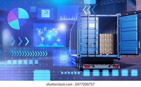 Logistics technologies. Truck with boxes in back. Logistics transport. Truck for transporting packages. Futuristic logistics technologies. Virtual charts and maps from delivery industry. 3d image - Powered by Shutterstock