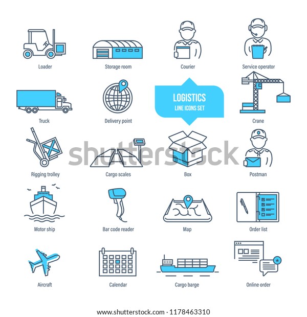 Logistics thin line icons, pictogram and symbol\
set. Icons for delivery, logistics. Packing, shipping,\
transportation, tracking, parcel. Transport service employees\
Illustration editable\
stroke