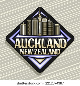 Logo For Auckland, Black Decorative Road Sign With Illustration Of Famous Auckland City Scape On Dusk Sky Background, Tourist Fridge Magnet With Unique Letters For Words Auckland, New Zealand