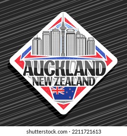 Logo For Auckland, White Decorative Road Sign With Illustration Of Auckland City Scape On Day Sky Background, Tourist Fridge Magnet With Unique Letters For Black Words Auckland, New Zealand