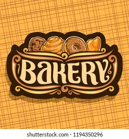 Logo for Bakery, original brush typeface for word bakery, homemade cookie with chips, swedish cinnamon roll, donut with chocolate glaze and fresh french croissant on signboard of bakery shop. - Powered by Shutterstock