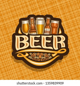 Logo For Beer, Dark Sign With Pint Glasses Of Draft Czech Pilsner And Bottles Of Craft German Lager, Original Typeface For Word Beer, Vintage Coaster For Bavarian Bar With Barley.      