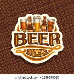 Logo For Beer, White Sign With Pint Glasses Of Draft Czech Pilsner And Bottles Of Craft German Lager, Original Typeface For Word Beer, Vintage Coaster For Bavarian Bar With Barley Spikelets.