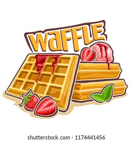 Logo for belgian Waffle, poster with homemade pastry decorated strawberry jam and mint leaf, original font for word waffle, illustration of heap square wafers with ice cream for patisserie menu - Powered by Shutterstock