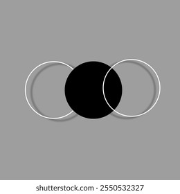 Logo with a black circle in the middle and two transparent white circles on the sides, on a gray background. Minimalist and modern design, suitable for innovative or technology brand identities. - Powered by Shutterstock