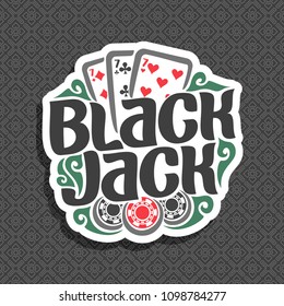 Logo For Black Jack: Three Playing Cards 7 Of Different Suits For Gambling Game Blackjack, Chips For Casino, Words Black Jack On Geometric Pattern.