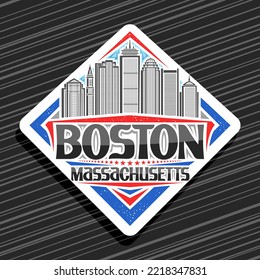 Logo For Boston, White Decorative Road Sign With Line Illustration Of Boston City Scape On Day Sky Background, Tourist Fridge Magnet With Unique Letters For Black Words Boston, Massachusetts