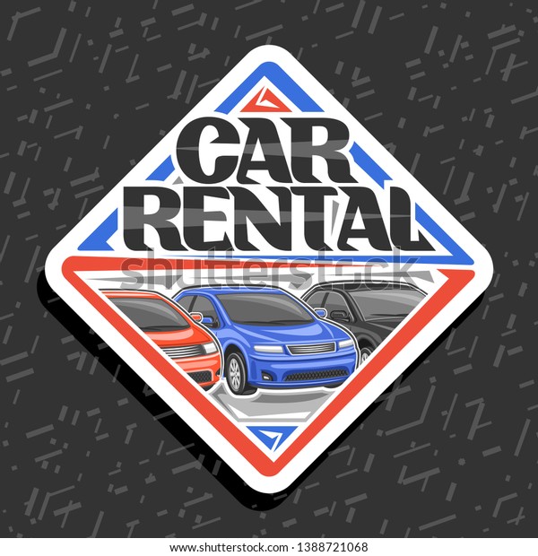 Logo for Car Rental, white decorative sticker\
with 3 cartoon different automobiles in a row, lettering for words\
car rental, automotive signboard for cheap rental company on grey\
background.