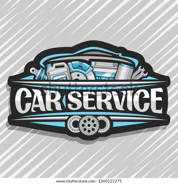 Logo for Car Service, black decorative sticker\
with set of different auto parts for variety mechanic car system,\
lettering for words car service, label with illustration for\
automotive industry