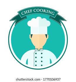Logo with the chef in a chef hat. Template for menu card, brochure, presentation and advertising of restaurant and cafe. Objects isolated on white background. Flat cartoon illustration.