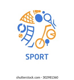 Logo For Children's Sports School, Club, Shop For Sports, Competition Sports. Silhouettes Of A Man Sporting Equipment. Various Sports. Blue And Orange Colors. The Symbolism, Conceptual And Brevity.