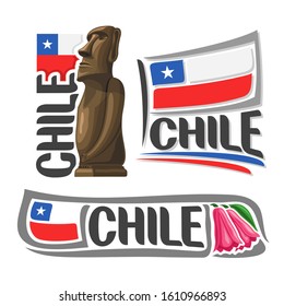 Logo Chile, 3 isolated illustrations: Moai stone statue head on Easter Island on background of national state flag, symbol republic of chile and chilean flag beside copihue chilian bellflower.