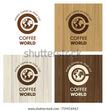 Logo Coffee World, coffee cup, world map coffee foam, corporate identity, on wooden background, illustration