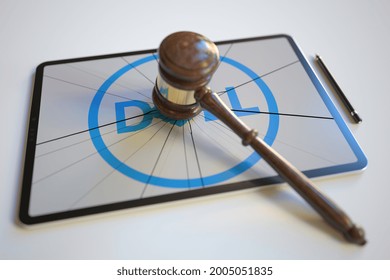 Logo Of Dell On The Tablet Computer Screen Hit By Judge's Gavel. Court Related Editorial  3D Rendering