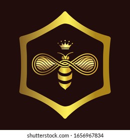 Logo design of Queen Bee with the crown on dark burgundy background for honey production. Illustration.