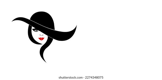A logo drawing fronatal view female face showing one eye  the nose   red lips withlong curvy hair and ample copy space  isolated white background 