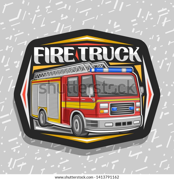 Logo for Fire Truck, black decorative label\
with illustration of red modern firetruck with yellow stripe and\
blue alarm lights, original lettering for words fire truck on\
abstract\
background.
