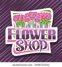 Logo for Flower Shop, decorative cut paper sign board with illustration of spring tulips, chrysanthemums and pink roses with green leaves, poster with unique lettering for words flower shop - Powered by Shutterstock