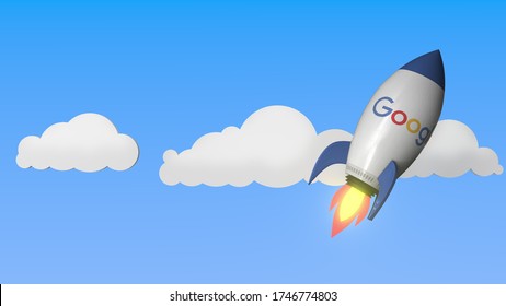 Logo of GOOGLE on a flying rocket. Editorial success related 3D rendering