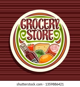 Logo for Grocery Store, white round signage with pile of fresh variety farming fruits and vegetables, original typeface for words grocery store, sticker for farmer department in hypermarket. - Powered by Shutterstock