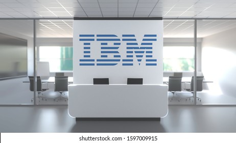 Logo Of IBM On A Wall In The Modern Office, Editorial Conceptual 3D Rendering