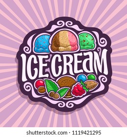 Logo for Ice Cream 3 scoop balls of blue bubble gum icecream, neapolitan sundae dessert, mint chocolate chip gelato icecream, in vintage sign lettering title - ice cream on pink background. - Powered by Shutterstock