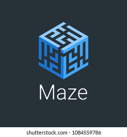 Logo Labyrinth. Modern  Symbol Maze. Isometric Cube Icon For Logotype Game, Quest, Corporate Branding, Business Identity In Blue Color