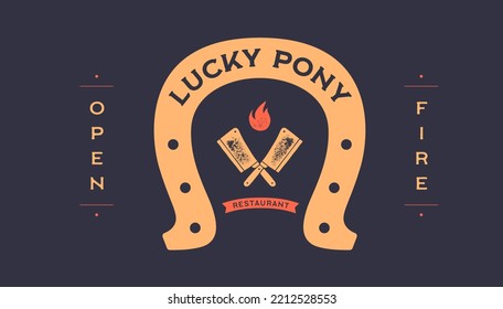 Logo Lucky Horseshoe. Text Lucky Pony, Gold Horseshoe, Graphic And Lucky Symbols. Design Element, Drawing, Vintage Hipster Style, Ribbon And Good Luck Fortune Sign. Illustration