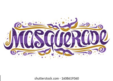 Logo for Masquerade, horizontal banner with curly calligraphic font, design flourishes and fun carnival masks, decorative signage with brush swirly type for word masquerade on white background. - Powered by Shutterstock