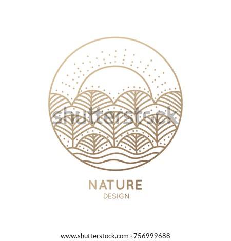 The logo of nature elements on white background. Linear icon of landscape with trees and sun - business emblems, badge for a travel, farming and ecology concepts, health and yoga Center.