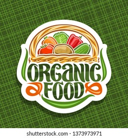 Logo for Organic Food, cut paper tag with set of pile different cartoon veggies, decorative lettering for words organic food, design sticker with vegan dietary mix in basket on green background - Powered by Shutterstock