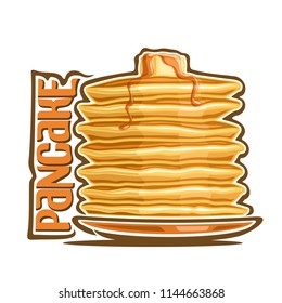 Logo for Pancake, original typography typeface for yellow word pancake, illustration of hotcakes for cafe menu, heap of homemade cakes on dish pouring of maple syrup & piece of butter up. - Powered by Shutterstock